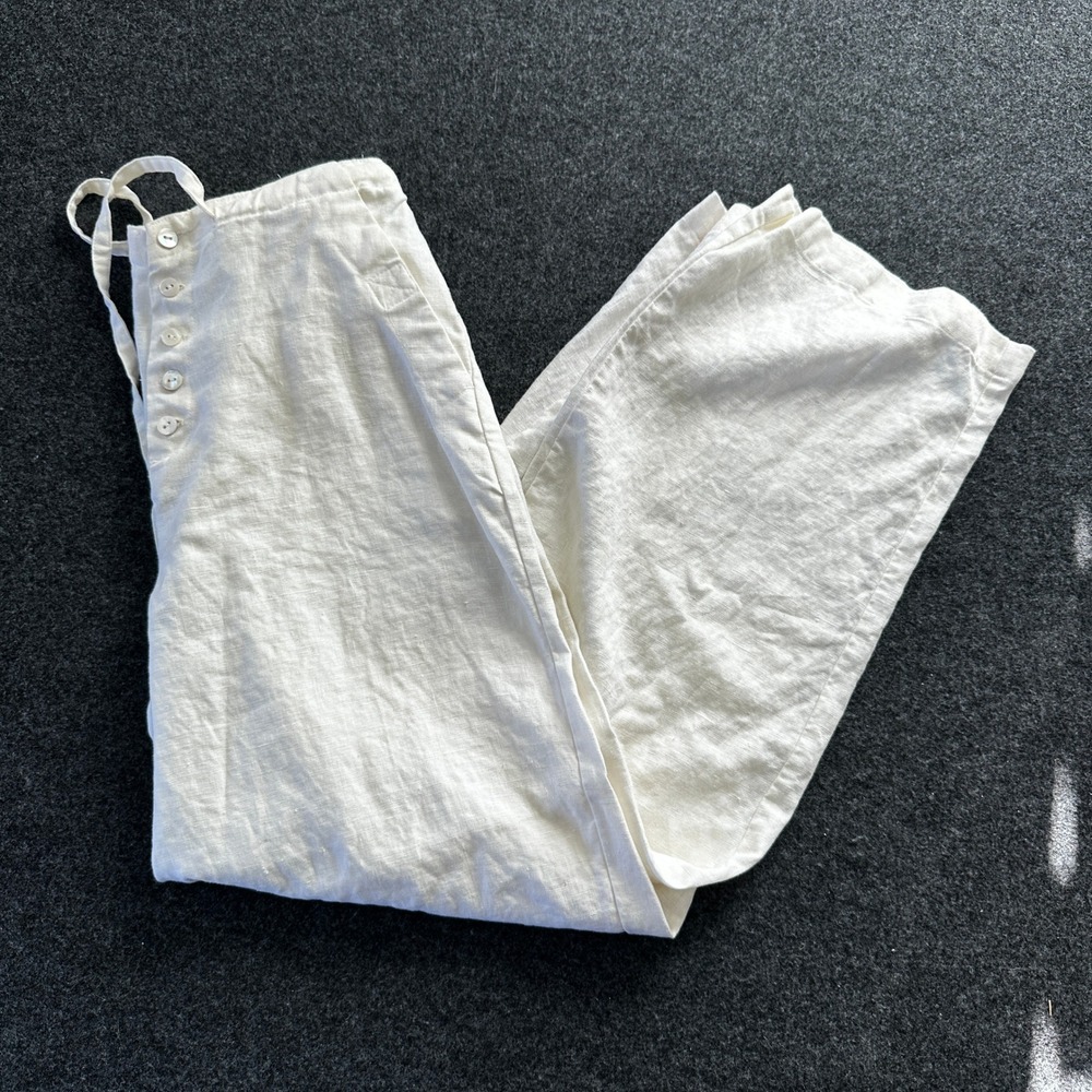 Real Comfort Womens Cream 100% Linen Wide Leg Button Fly Drawstring Pants Size 4
